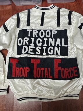 Troop Original Design Men’s White Satin Bomber Jacket with Black & Red Accents